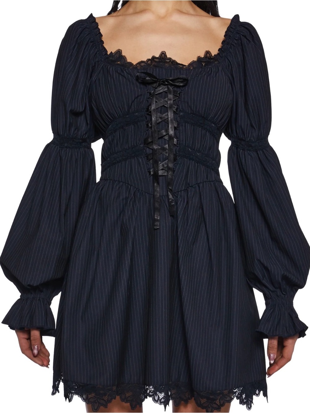 Sugar Thrillz Bookish Escape Black Pinstripe Lace-Up Gothic Cottagecore Dress - Picture 2 of 3